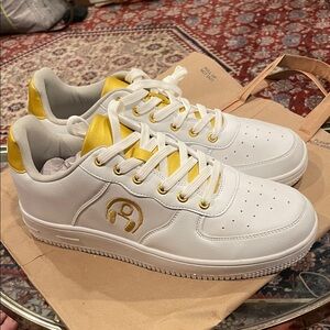 Stylish White and Gold Sneakers